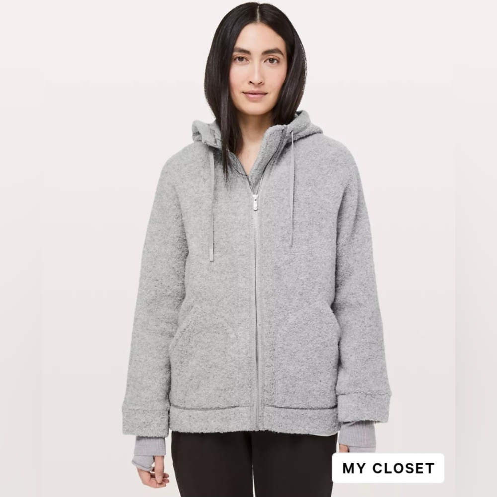 Lululemon Sherpa Fleece Full Zip Up Teddy coat Hooded Jacket Silver Grey size 8